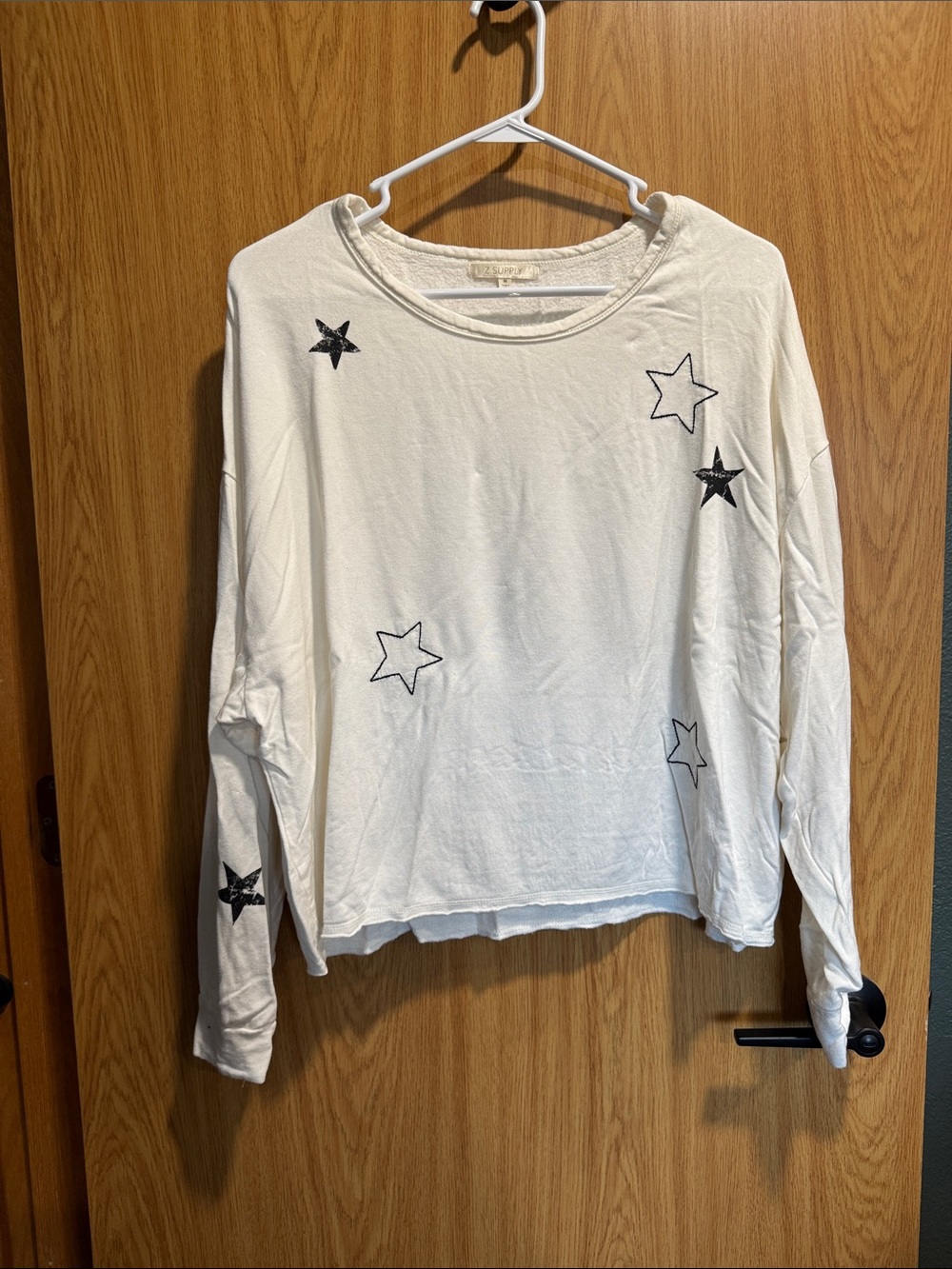 Z Supply Cream Long Sleeve Top with Black Star Embroidery/Print